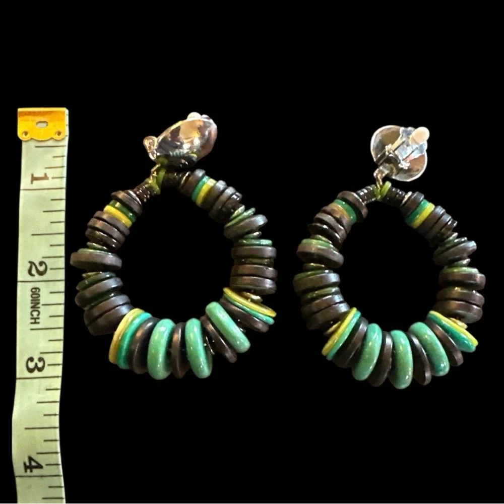 Vintage Boho Disc‎ Bead Clip-On Earrings Green Black Yellow Statement